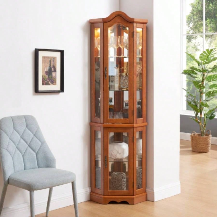 Curio Cabinet Lighted Glass Display Curio Cabinet/Tempered Glass Doors and Shelves, Crown Corner Cabinet with Bulb, Corner Storage Decoration Living room and Bedroom OAK