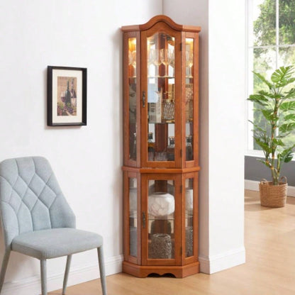 Curio Cabinet Lighted Glass Display Curio Cabinet/Tempered Glass Doors and Shelves, Crown Corner Cabinet with Bulb, Corner Storage Decoration Living room and Bedroom OAK