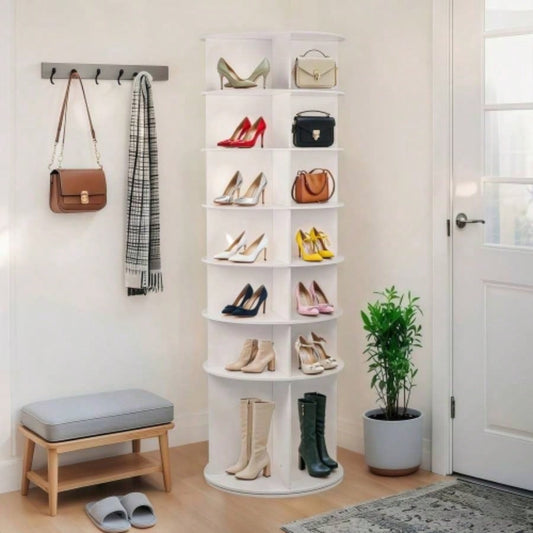 Tier Rotating Shoe Rack, High Bottom Design Rotating Shoe Rack Tower, Standing 360 Spinning Shoe Organizer, Round Display Spinning Shoe Rack Tower, Fits 28 Pairs of Shoes White