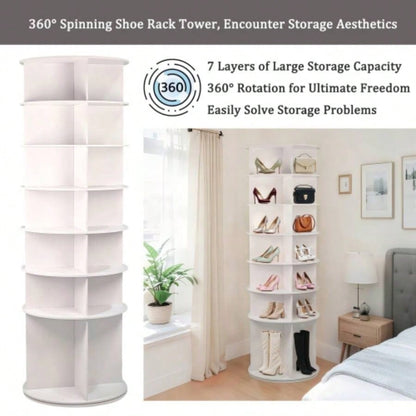 Tier Rotating Shoe Rack, High Bottom Design Rotating Shoe Rack Tower, Standing 360 Spinning Shoe Organizer, Round Display Spinning Shoe Rack Tower, Fits 28 Pairs of Shoes White