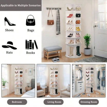 Tier Rotating Shoe Rack, High Bottom Design Rotating Shoe Rack Tower, Standing 360 Spinning Shoe Organizer, Round Display Spinning Shoe Rack Tower, Fits 28 Pairs of Shoes White