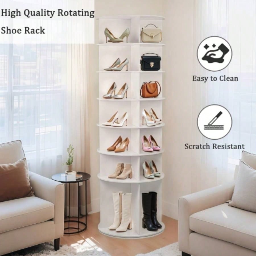 Tier Rotating Shoe Rack, High Bottom Design Rotating Shoe Rack Tower, Standing 360 Spinning Shoe Organizer, Round Display Spinning Shoe Rack Tower, Fits 28 Pairs of Shoes White