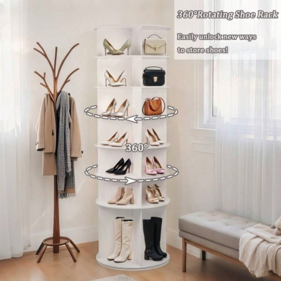 Tier Rotating Shoe Rack, High Bottom Design Rotating Shoe Rack Tower, Standing 360 Spinning Shoe Organizer, Round Display Spinning Shoe Rack Tower, Fits 28 Pairs of Shoes White