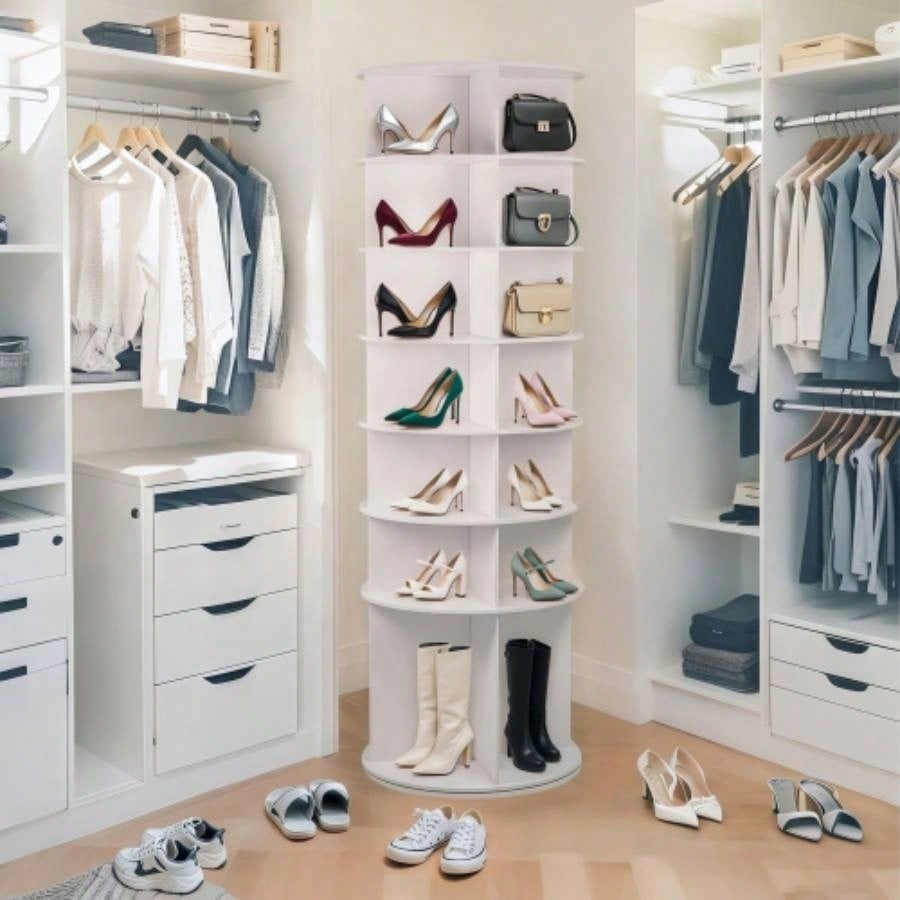 Tier Rotating Shoe Rack, High Bottom Design Rotating Shoe Rack Tower, Standing 360 Spinning Shoe Organizer, Round Display Spinning Shoe Rack Tower, Fits 28 Pairs of Shoes White