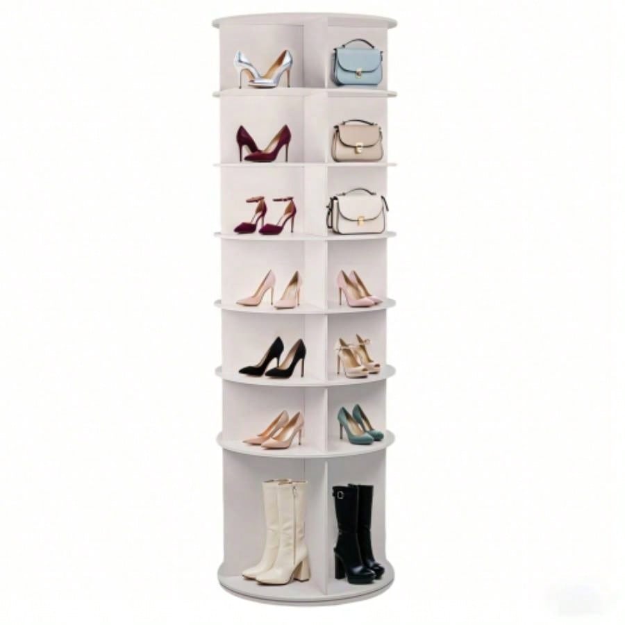 Tier Rotating Shoe Rack, High Bottom Design Rotating Shoe Rack Tower, Standing 360 Spinning Shoe Organizer, Round Display Spinning Shoe Rack Tower, Fits 28 Pairs of Shoes White