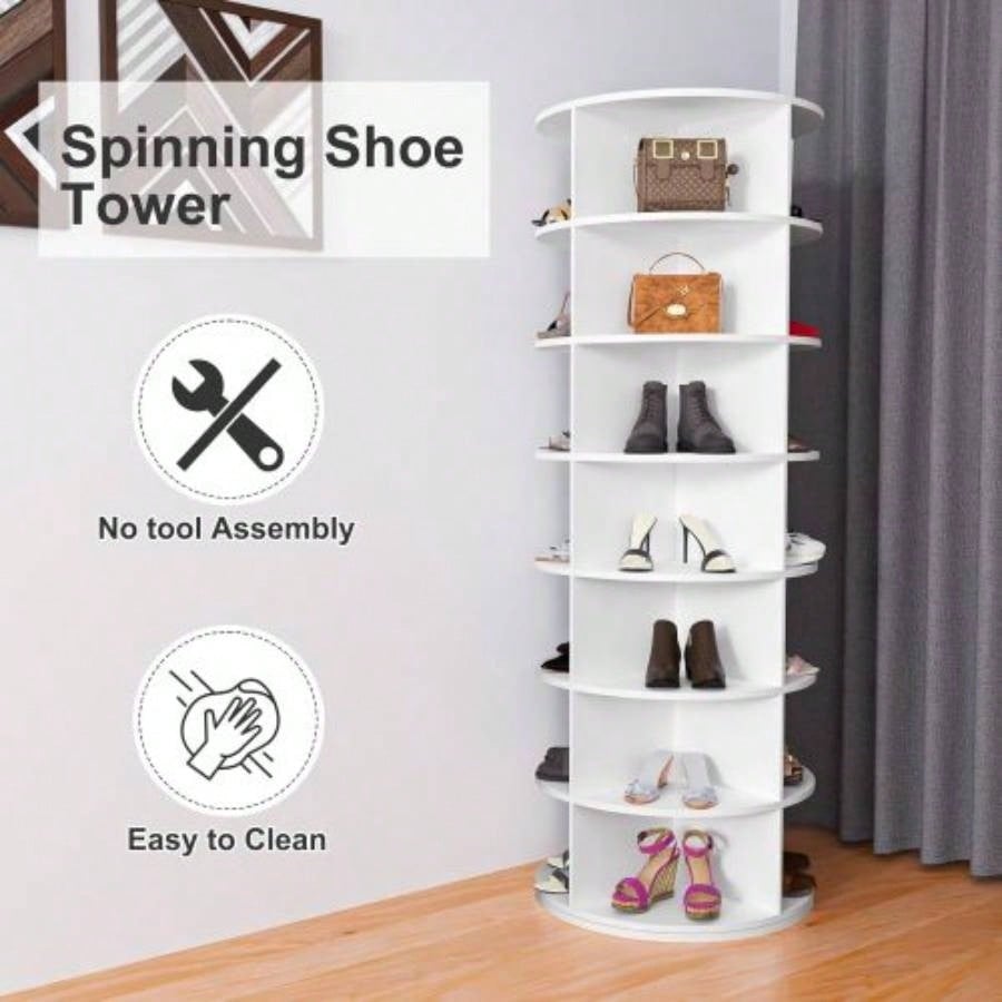 Tier Rotating Shoe Rack Tower, Spinning Shoe Display, 360 Shoe Rack Storage Round Carousel, Vertical Handbag Rotate Shoes Closet Organization WHITE BACK - TO - SCHOOL