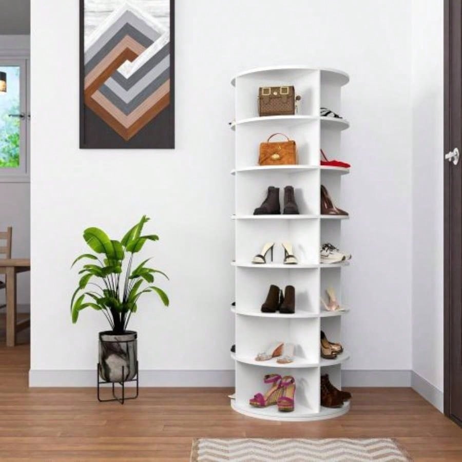 Tier Rotating Shoe Rack Tower, Spinning Shoe Display, 360 Shoe Rack Storage Round Carousel, Vertical Handbag Rotate Shoes Closet Organization WHITE BACK - TO - SCHOOL