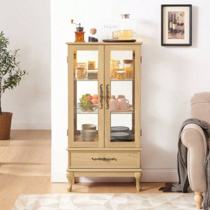 Curio Cabinet Lighted Glass Cabinet Glass Wine Cabinet Curio Display Cabinet with Adjustable Glass Shelves 2 Doors and 1 drawer Cabinet Sideboard With Bulb Included Dark Cherry