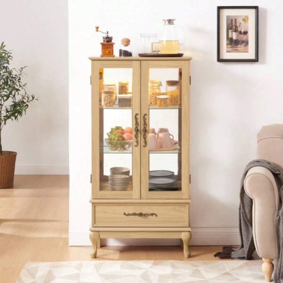 Curio Cabinet Lighted Glass Cabinet Glass Wine Cabinet Curio Display Cabinet with Adjustable Glass Shelves 2 Doors and 1 drawer Cabinet Sideboard With Bulb Included Dark Cherry