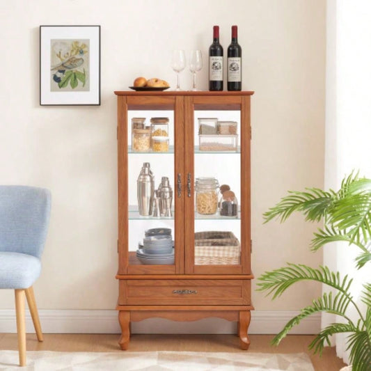 Lighted Glass Cabinet Glass Wine Cabinet Curio Display Cabinet with Adjustable Glass Shelves 2 Doors and 1 drawer Cabinet Bulb Included OAK