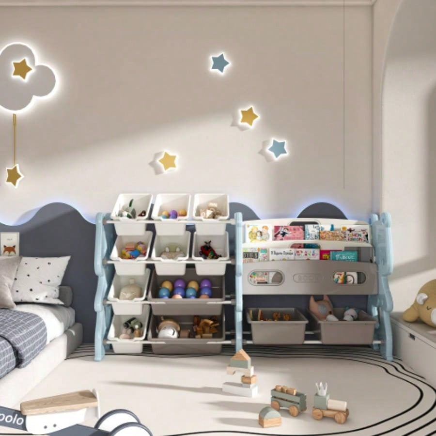 Kids Toy Storage Organizer, Toy Organizer with 2 Tier Bookshelf, Toy Storage with Shelf and 12 Toy Bins, Kids Bookshelf and Toy Storage Playroom, Bedroom, Kids Room, Classroom