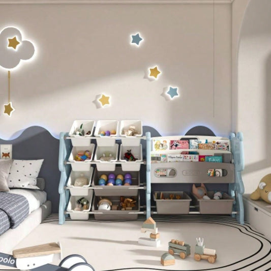 Kids Toy Storage Organizer, Toy Organizer with 2 Tier Bookshelf, Toy Storage with Shelf and 12 Toy Bins, Kids Bookshelf and Toy Storage Playroom, Bedroom, Kids Room, Classroom