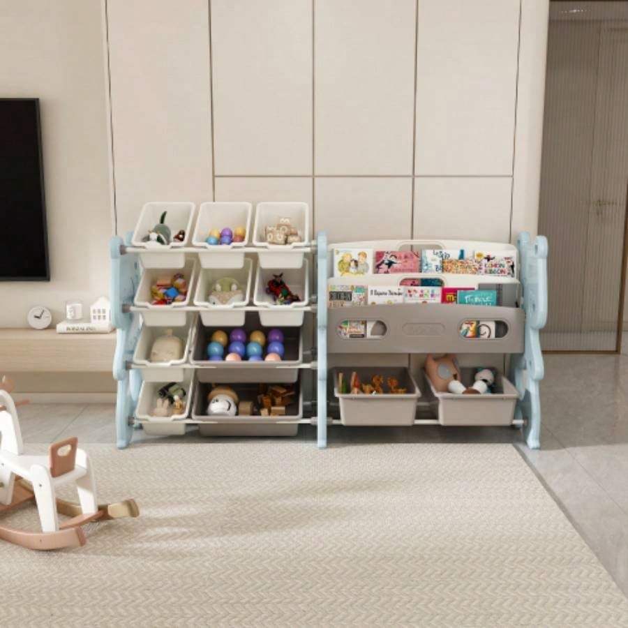 Kids Toy Storage Organizer, Toy Organizer with 2 Tier Bookshelf, Toy Storage with Shelf and 12 Toy Bins, Kids Bookshelf and Toy Storage Playroom, Bedroom, Kids Room, Classroom