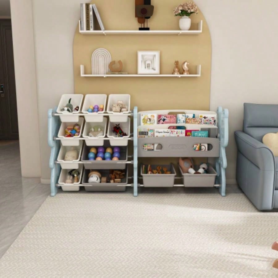 Kids Toy Storage Organizer, Toy Organizer with 2 Tier Bookshelf, Toy Storage with Shelf and 12 Toy Bins, Kids Bookshelf and Toy Storage Playroom, Bedroom, Kids Room, Classroom