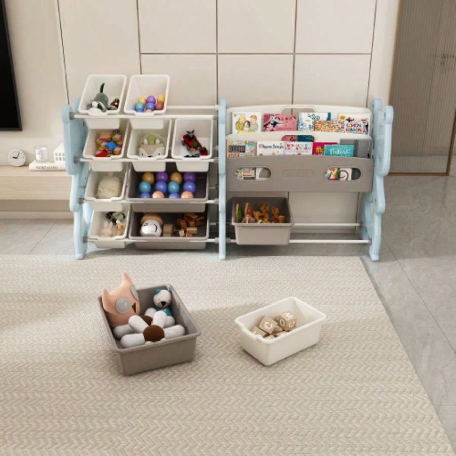 Kids Toy Storage Organizer, Toy Organizer with 2 Tier Bookshelf, Toy Storage with Shelf and 12 Toy Bins, Kids Bookshelf and Toy Storage Playroom, Bedroom, Kids Room, Classroom