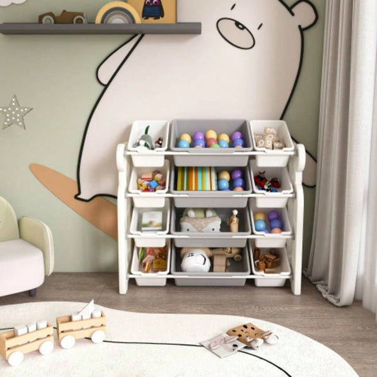 Kids Toy Storage Organizer with 12 Bins, Multi - functional Nursery Organizer Kids Furniture Set Toy Storage Cabinet Unit with HDPE Shelf and Bins Playroom, Bedroom, Living Room white color