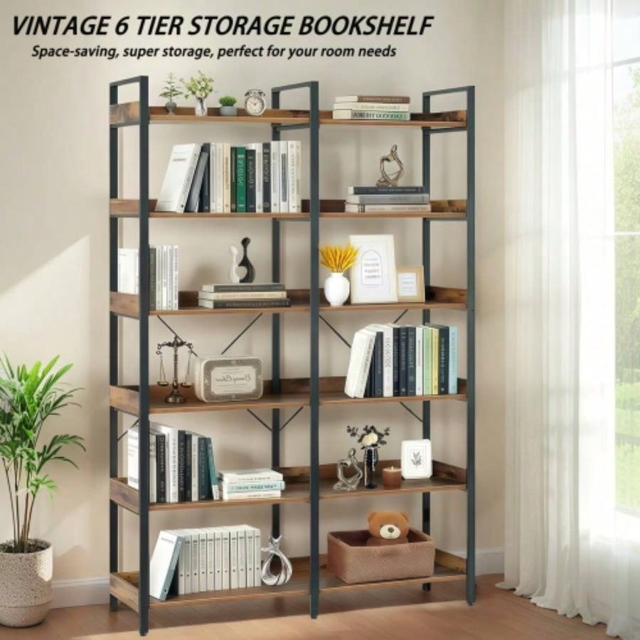6 - Tier Industrial Bookshelf, 67 Wooden Bookshelf with Open Shelves, Freestanding Metal Frame Bookcase Storage and Display, Modern Book Shelves Bedroom, Living Room and Home Office, Brown
