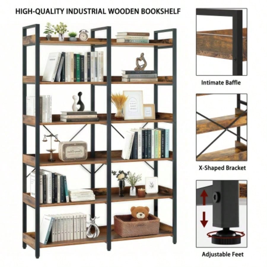 6 - Tier Industrial Bookshelf, 67 Wooden Bookshelf with Open Shelves, Freestanding Metal Frame Bookcase Storage and Display, Modern Book Shelves Bedroom, Living Room and Home Office, Brown