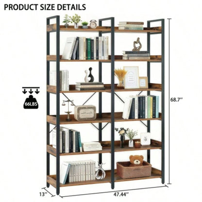 6 - Tier Industrial Bookshelf, 67 Wooden Bookshelf with Open Shelves, Freestanding Metal Frame Bookcase Storage and Display, Modern Book Shelves Bedroom, Living Room and Home Office, Brown