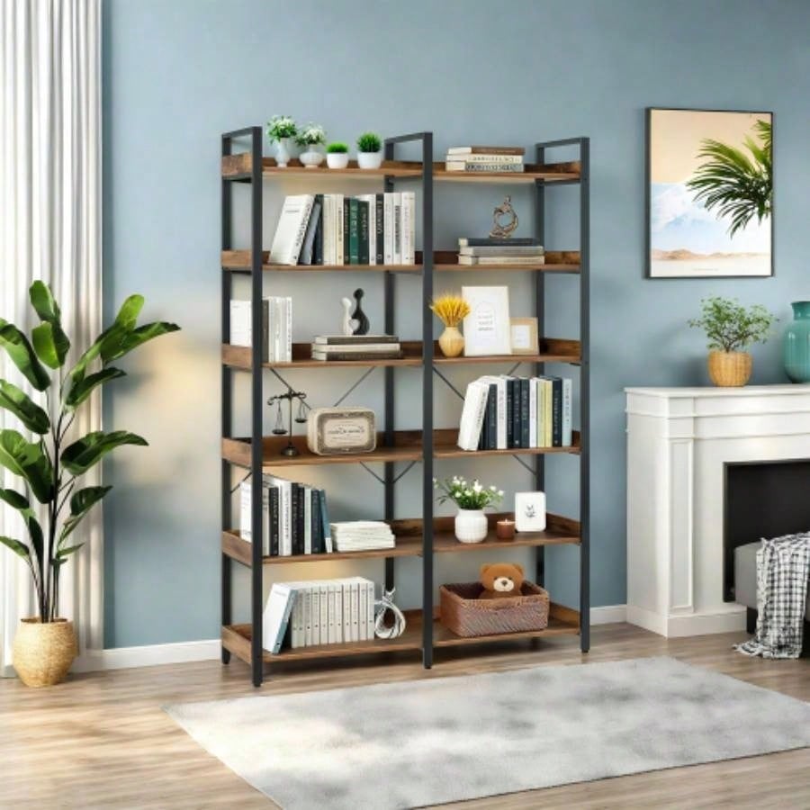 6 - Tier Industrial Bookshelf, 67 Wooden Bookshelf with Open Shelves, Freestanding Metal Frame Bookcase Storage and Display, Modern Book Shelves Bedroom, Living Room and Home Office, Brown
