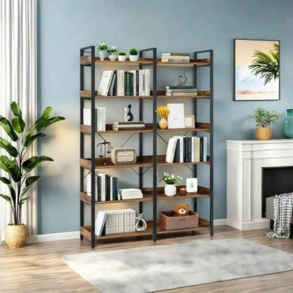 6 - Tier Industrial Bookshelf, 67 Wooden Bookshelf with Open Shelves, Freestanding Metal Frame Bookcase Storage and Display, Modern Book Shelves Bedroom, Living Room and Home Office, Brown