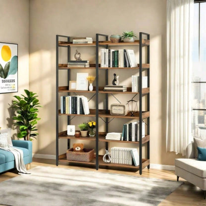 6 - Tier Industrial Bookshelf, 67 Wooden Bookshelf with Open Shelves, Freestanding Metal Frame Bookcase Storage and Display, Modern Book Shelves Bedroom, Living Room and Home Office, Brown