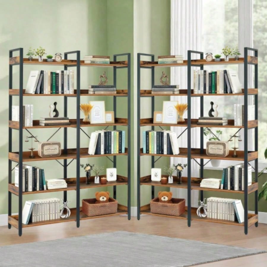 6 - Tier Industrial Bookshelf, 67 Wooden Bookshelf with Open Shelves, Freestanding Metal Frame Bookcase Storage and Display, Modern Book Shelves Bedroom, Living Room and Home Office, Brown