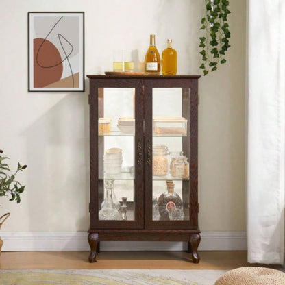 2 Doors Curio Cabinet with Tempered Glass Doors, Curio Cabinets with Mirrored Back Panel and Adjustable Shelves, Lighted Display Cabinet Home, Office Light Bulb Included OAK
