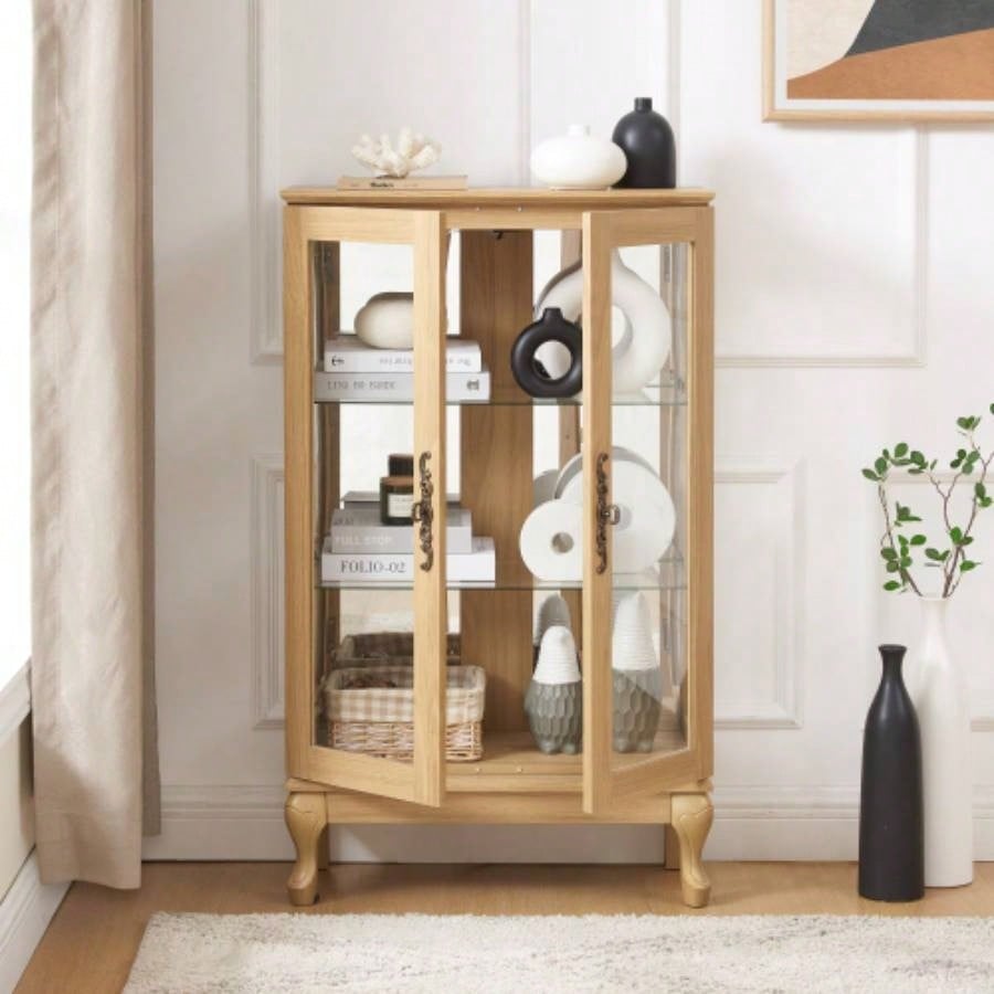2 Doors Curio Cabinet with Tempered Glass Doors, Curio Cabinets with Mirrored Back Panel and Adjustable Shelves, Lighted Display Cabinet Home, Office Light Bulb Included OAK