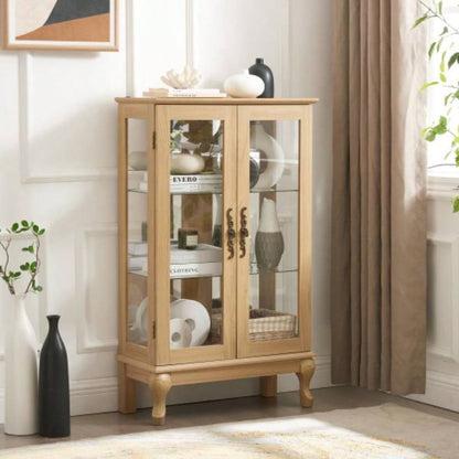 2 Doors Curio Cabinet with Tempered Glass Doors, Curio Cabinets with Mirrored Back Panel and Adjustable Shelves, Lighted Display Cabinet Home, Office Light Bulb Included OAK