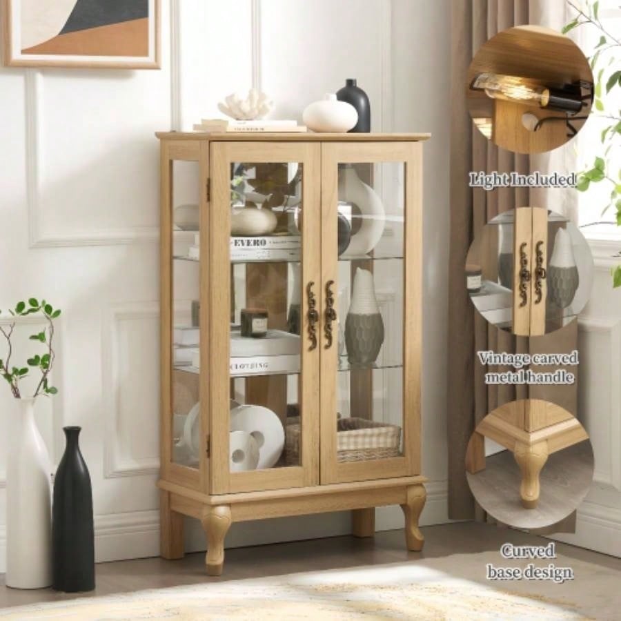 2 Doors Curio Cabinet with Tempered Glass Doors, Curio Cabinets with Mirrored Back Panel and Adjustable Shelves, Lighted Display Cabinet Home, Office Light Bulb Included OAK