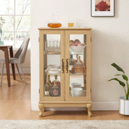 2 Doors Curio Cabinet with Tempered Glass Doors, Curio Cabinets with Mirrored Back Panel and Adjustable Shelves, Lighted Display Cabinet Home, Office Light Bulb Included OAK