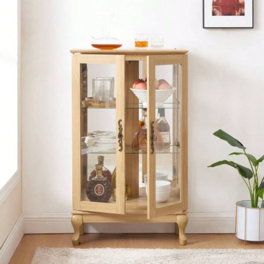 2 Doors Curio Cabinet with Tempered Glass Doors, Curio Cabinets with Mirrored Back Panel and Adjustable Shelves, Lighted Display Cabinet Home, Office Light Bulb Included OAK