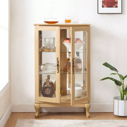 2 Doors Curio Cabinet with Tempered Glass Doors, Curio Cabinets with Mirrored Back Panel and Adjustable Shelves, Lighted Display Cabinet Home, Office Light Bulb Included OAK