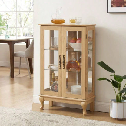 2 Doors Curio Cabinet with Tempered Glass Doors, Curio Cabinets with Mirrored Back Panel and Adjustable Shelves, Lighted Display Cabinet Home, Office Light Bulb Included OAK