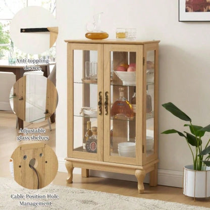 2 Doors Curio Cabinet with Tempered Glass Doors, Curio Cabinets with Mirrored Back Panel and Adjustable Shelves, Lighted Display Cabinet Home, Office Light Bulb Included OAK