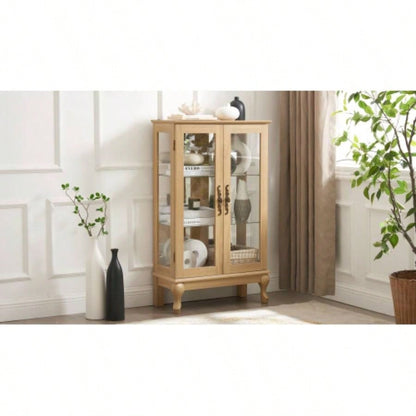 2 Doors Curio Cabinet with Tempered Glass Doors, Curio Cabinets with Mirrored Back Panel and Adjustable Shelves, Lighted Display Cabinet Home, Office Light Bulb Included OAK