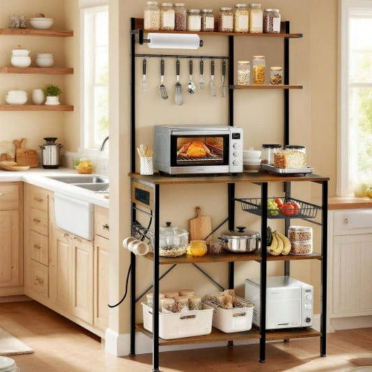 Bakers Rack with Power Outlet, Microwave Stand with Storage, Coffee Bar with S - Shaped Hooks, Kitchen Shelf with Wire Basket, Metal Bakers Rack Spices, Pots Brown