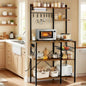 Bakers Rack with Power Outlet, Microwave Stand with Storage, Coffee Bar with S - Shaped Hooks, Kitchen Shelf with Wire Basket, Metal Bakers Rack Spices, Pots Brown