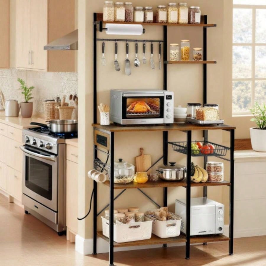 Bakers Rack with Power Outlet, Microwave Stand with Storage, Coffee Bar with S - Shaped Hooks, Kitchen Shelf with Wire Basket, Metal Bakers Rack Spices, Pots Brown