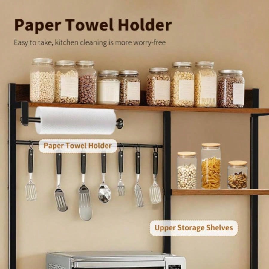 Bakers Rack with Power Outlet, Microwave Stand with Storage, Coffee Bar with S - Shaped Hooks, Kitchen Shelf with Wire Basket, Metal Bakers Rack Spices, Pots Brown