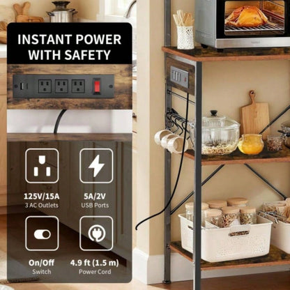 Bakers Rack with Power Outlet, Microwave Stand with Storage, Coffee Bar with S - Shaped Hooks, Kitchen Shelf with Wire Basket, Metal Bakers Rack Spices, Pots Brown