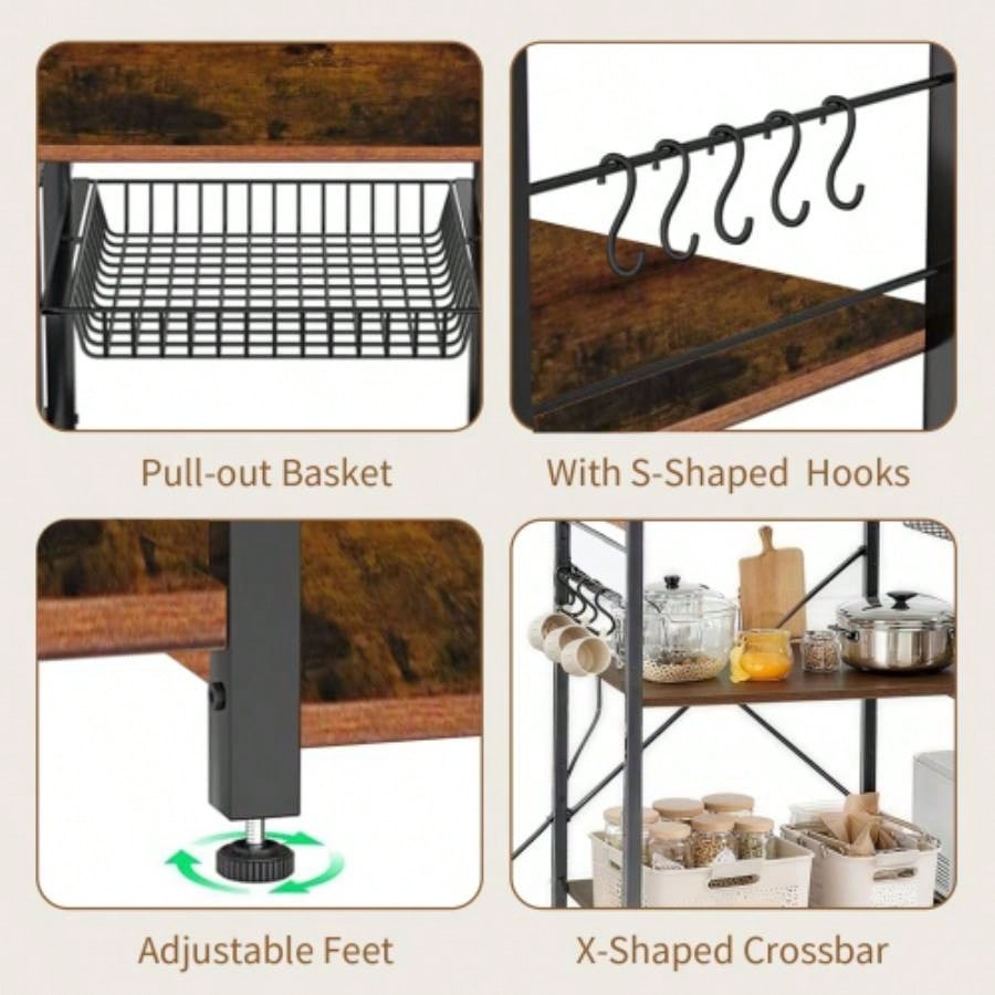 Bakers Rack with Power Outlet, Microwave Stand with Storage, Coffee Bar with S - Shaped Hooks, Kitchen Shelf with Wire Basket, Metal Bakers Rack Spices, Pots Brown
