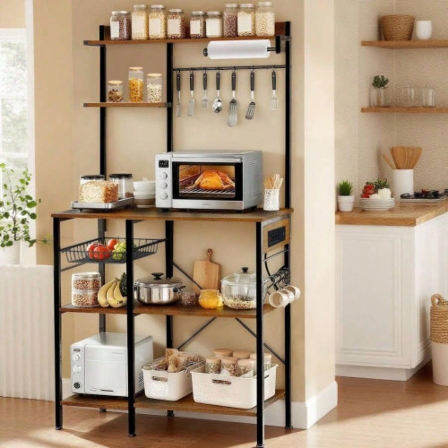 Bakers Rack with Power Outlet, Microwave Stand with Storage, Coffee Bar with S - Shaped Hooks, Kitchen Shelf with Wire Basket, Metal Bakers Rack Spices, Pots Brown