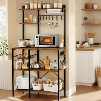 Bakers Rack with Power Outlet, Microwave Stand with Storage, Coffee Bar with S - Shaped Hooks, Kitchen Shelf with Wire Basket, Metal Bakers Rack Spices, Pots Brown