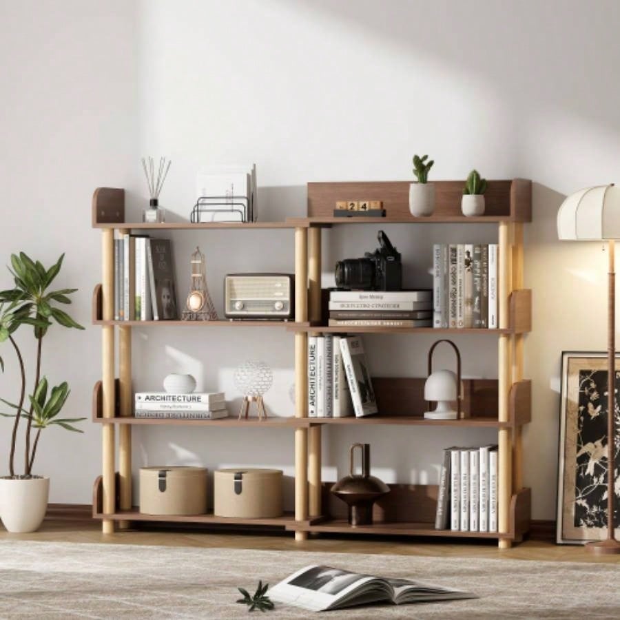 4 Tier Retractable Rotatable Bookcases, Wooden Corner Book Shelf, Storage Rack CDs/Movies/Books, Rustic Brown Bookcase, Utility Organizer Shelves Living Room Home Office