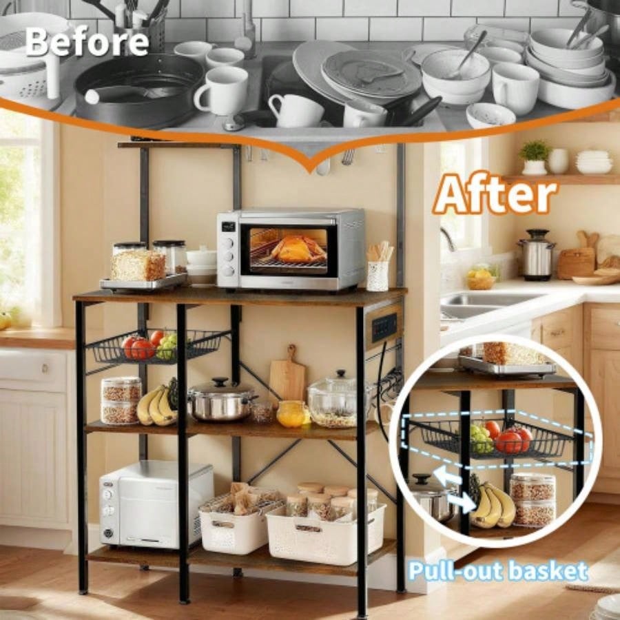 Bakers Rack with Power Outlet, Microwave Stand with Storage, Coffee Bar with S - Shaped Hooks, Kitchen Shelf with Wire Basket, Metal Bakers Rack Spices, Pots Brown
