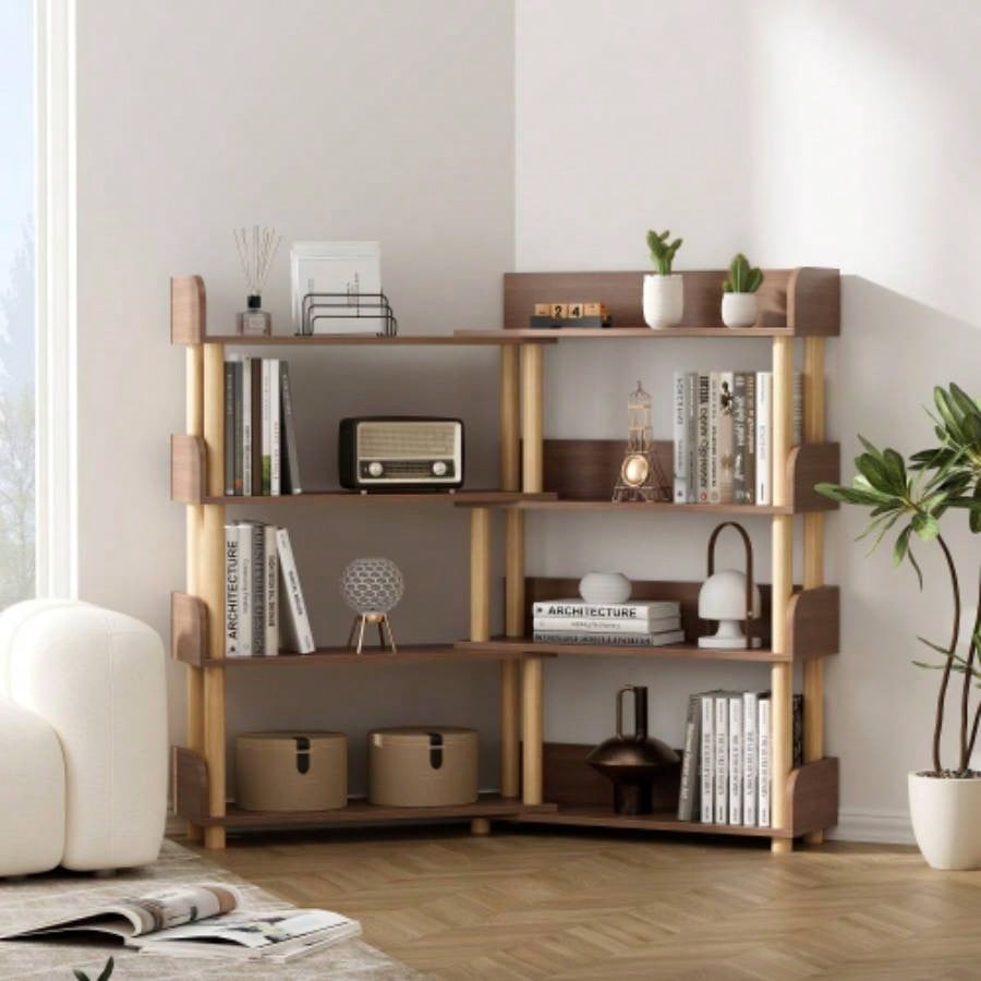 4 Tier Retractable Rotatable Bookcases, Wooden Corner Book Shelf, Storage Rack CDs/Movies/Books, Rustic Brown Bookcase, Utility Organizer Shelves Living Room Home Office