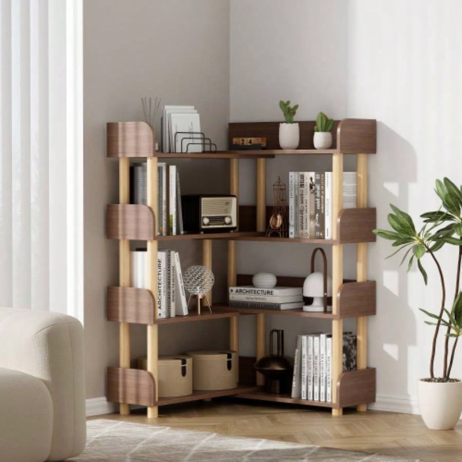 4 Tier Retractable Rotatable Bookcases, Wooden Corner Book Shelf, Storage Rack CDs/Movies/Books, Rustic Brown Bookcase, Utility Organizer Shelves Living Room Home Office