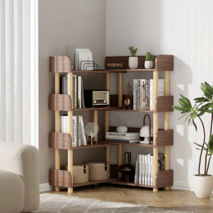 4 Tier Retractable Rotatable Bookcases, Wooden Corner Book Shelf, Storage Rack CDs/Movies/Books, Rustic Brown Bookcase, Utility Organizer Shelves Living Room Home Office